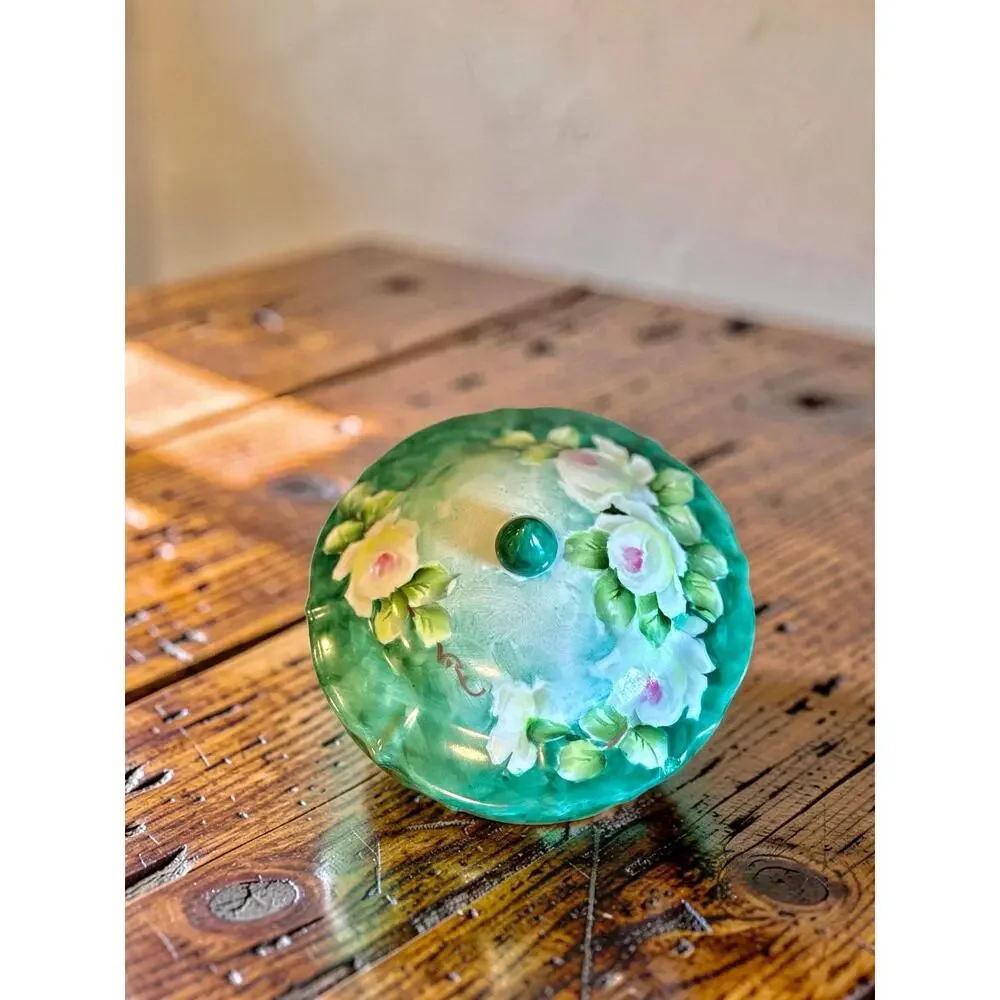 Vintage Hand Painted Porcelain Trinket Box | Green Floral Jewelry Box